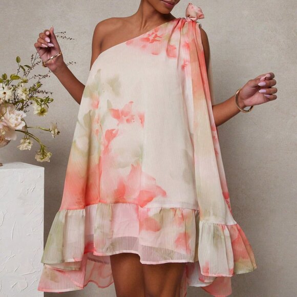 Pastel Pink Boho Women's Flowy Floral One Shoulder Mini Dress - Picture 2 of 5